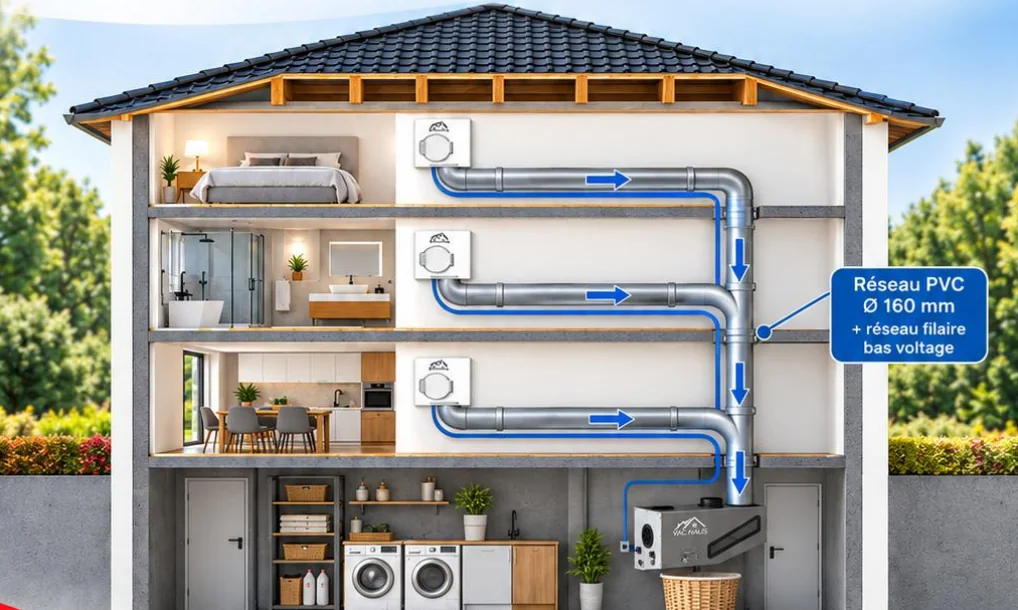 Coupe d’une maison sur quatre niveaux équipée de VacHaus